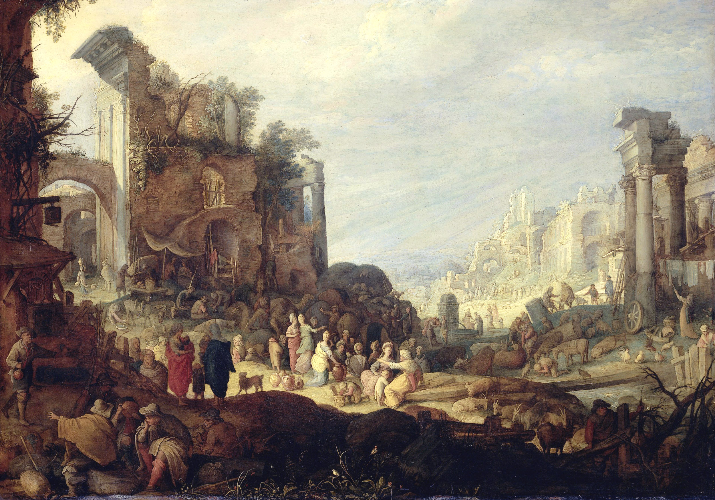 Willem van Nieulandt, Paysage avec ruines, rencontre de Rebecca et Eleizer